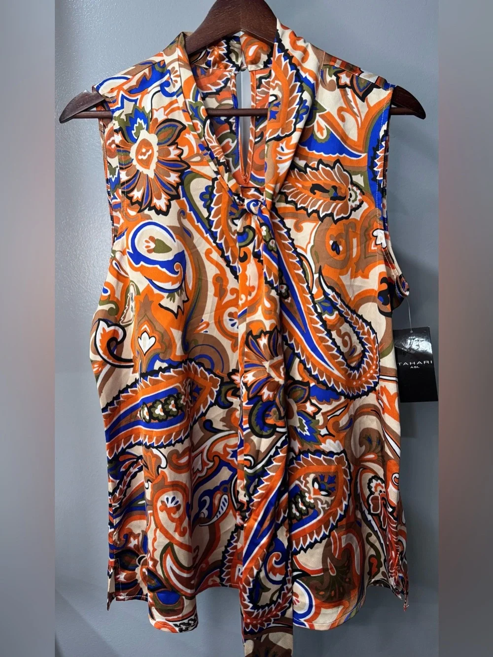 NWT Tahari ASL Paisley Bow Neck Sleeveless Blouse Medium $69